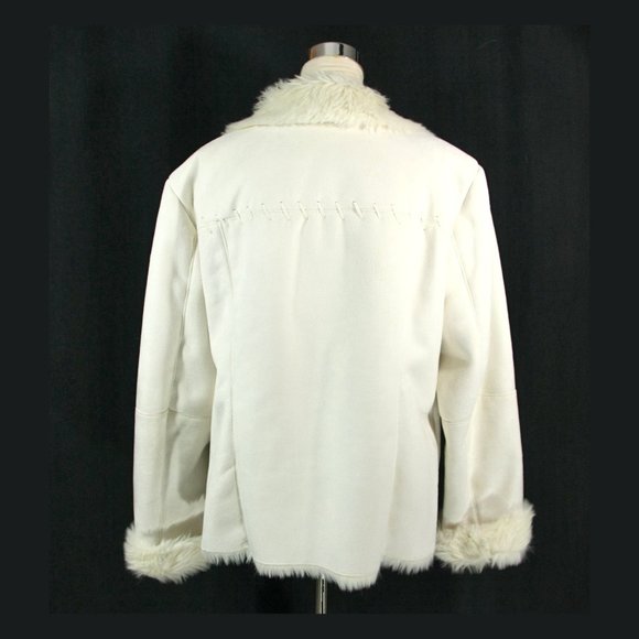 Coldwater Creek Ivory Faux Suede Shearling Fur Lined Sherpa Coat Whipstitch - Lg - Picture 5 of 11